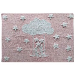 Alfombra Infantil Juvenil 100% Algodón Medidas 120x160 cms Rosa con Estrellas, Nubes y Niños en Blanco